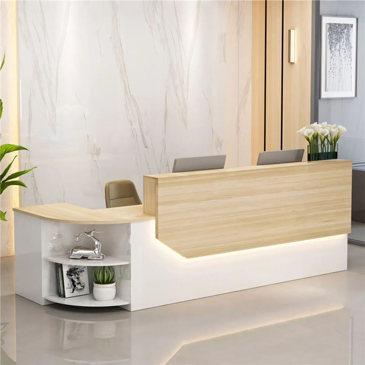 Color-Blocked L-Shaped Reception Desk with Storage for Training Centers and Offices JDT-761