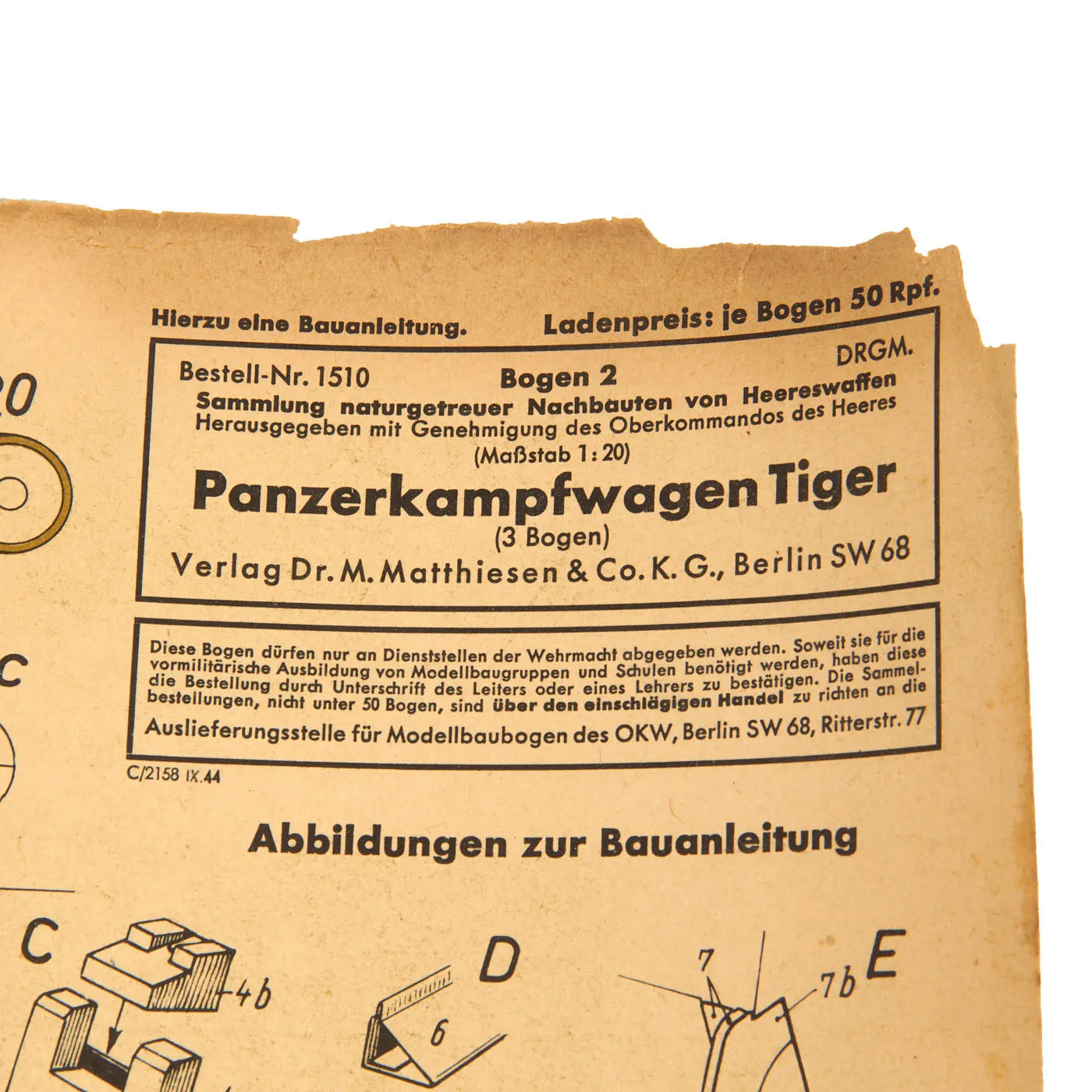 Original German WWII Unused Panzerkampfwagen Tiger Complete 1:20 Scale Paper Model Training Set by Dr. M. Matthiesen & Co. With Building Instructions, dated 1944 - 3 Build Sheets