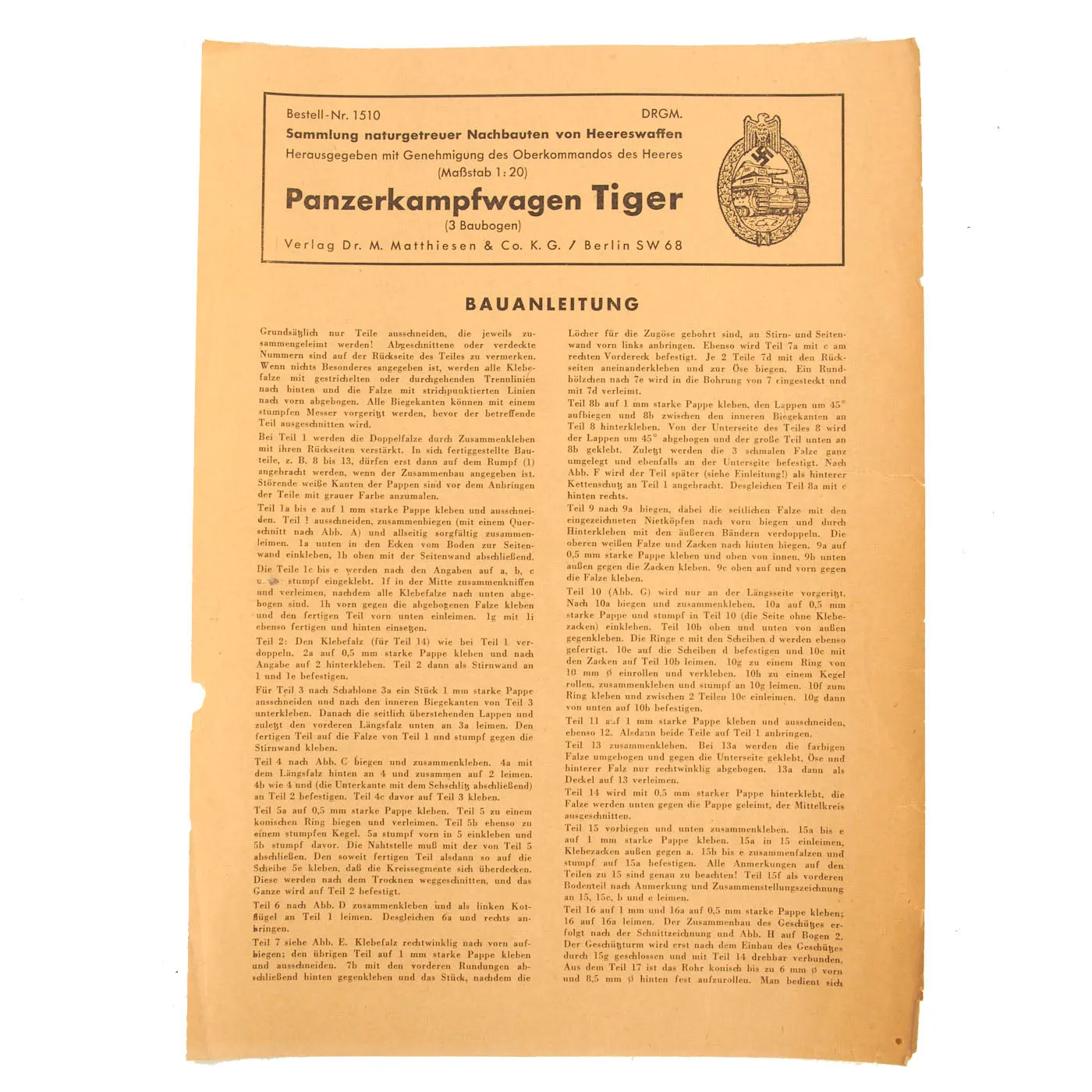 Original German WWII Unused Panzerkampfwagen Tiger Complete 1:20 Scale Paper Model Training Set by Dr. M. Matthiesen & Co. With Building Instructions, dated 1944 - 3 Build Sheets