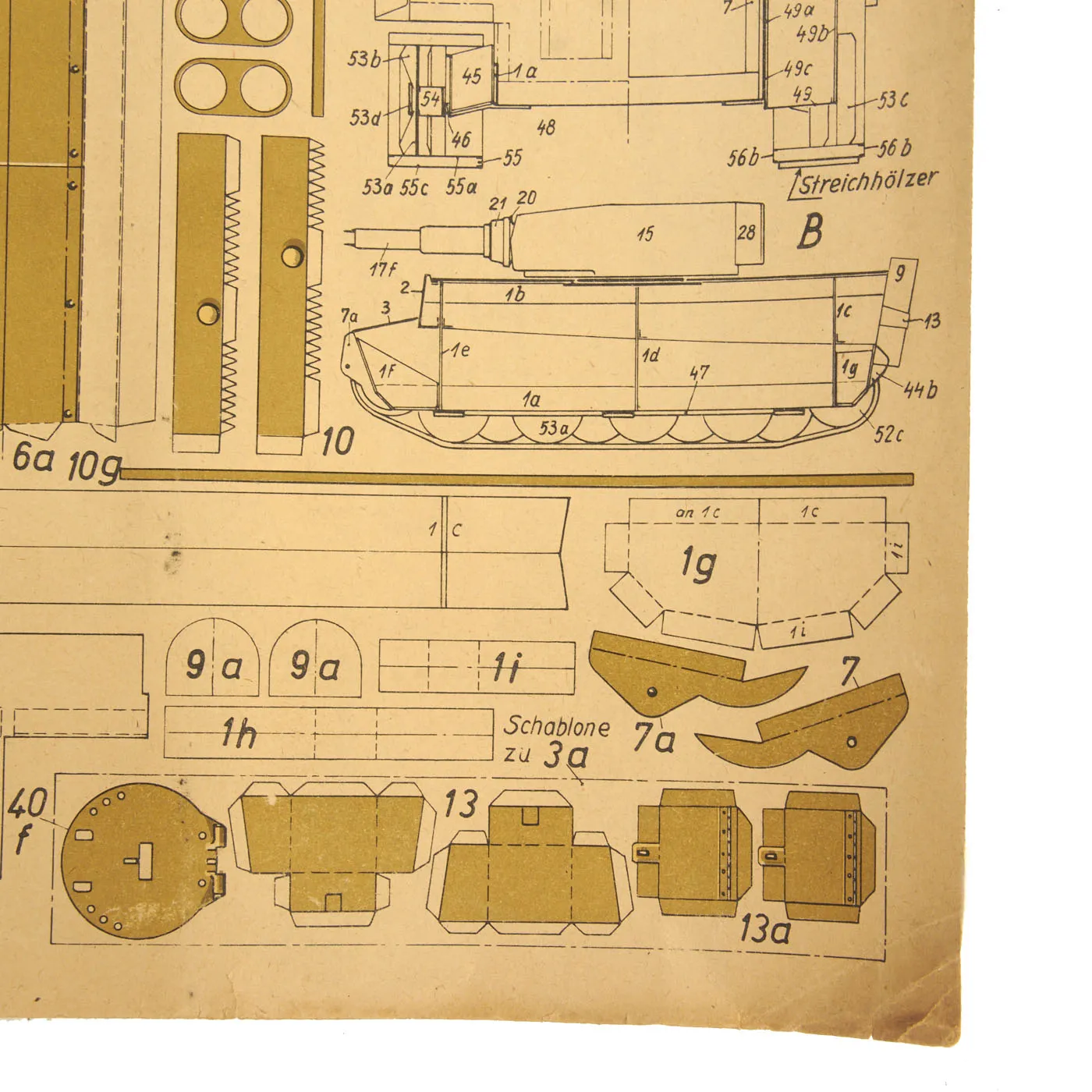 Original German WWII Unused Panzerkampfwagen Tiger Complete 1:20 Scale Paper Model Training Set by Dr. M. Matthiesen & Co. With Building Instructions, dated 1944 - 3 Build Sheets