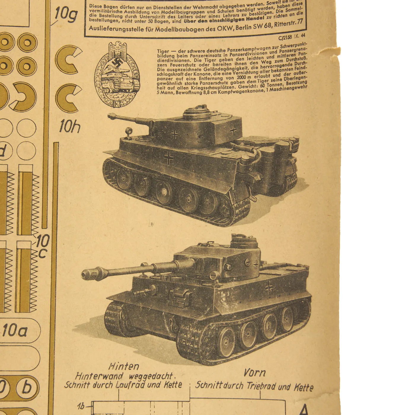 Original German WWII Unused Panzerkampfwagen Tiger Complete 1:20 Scale Paper Model Training Set by Dr. M. Matthiesen & Co. With Building Instructions, dated 1944 - 3 Build Sheets