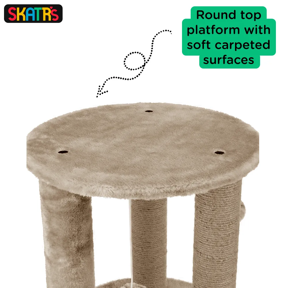 Skatrs Whisker Wonderland Circular Three Scratching Post with Hanging Pom Pom Cat Tree Toy (Beige)