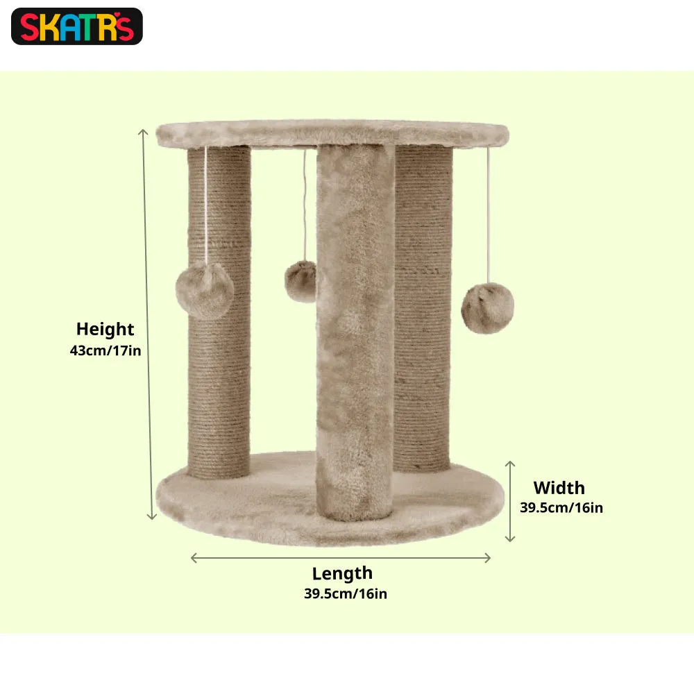 Skatrs Whisker Wonderland Circular Three Scratching Post with Hanging Pom Pom Cat Tree Toy (Beige)