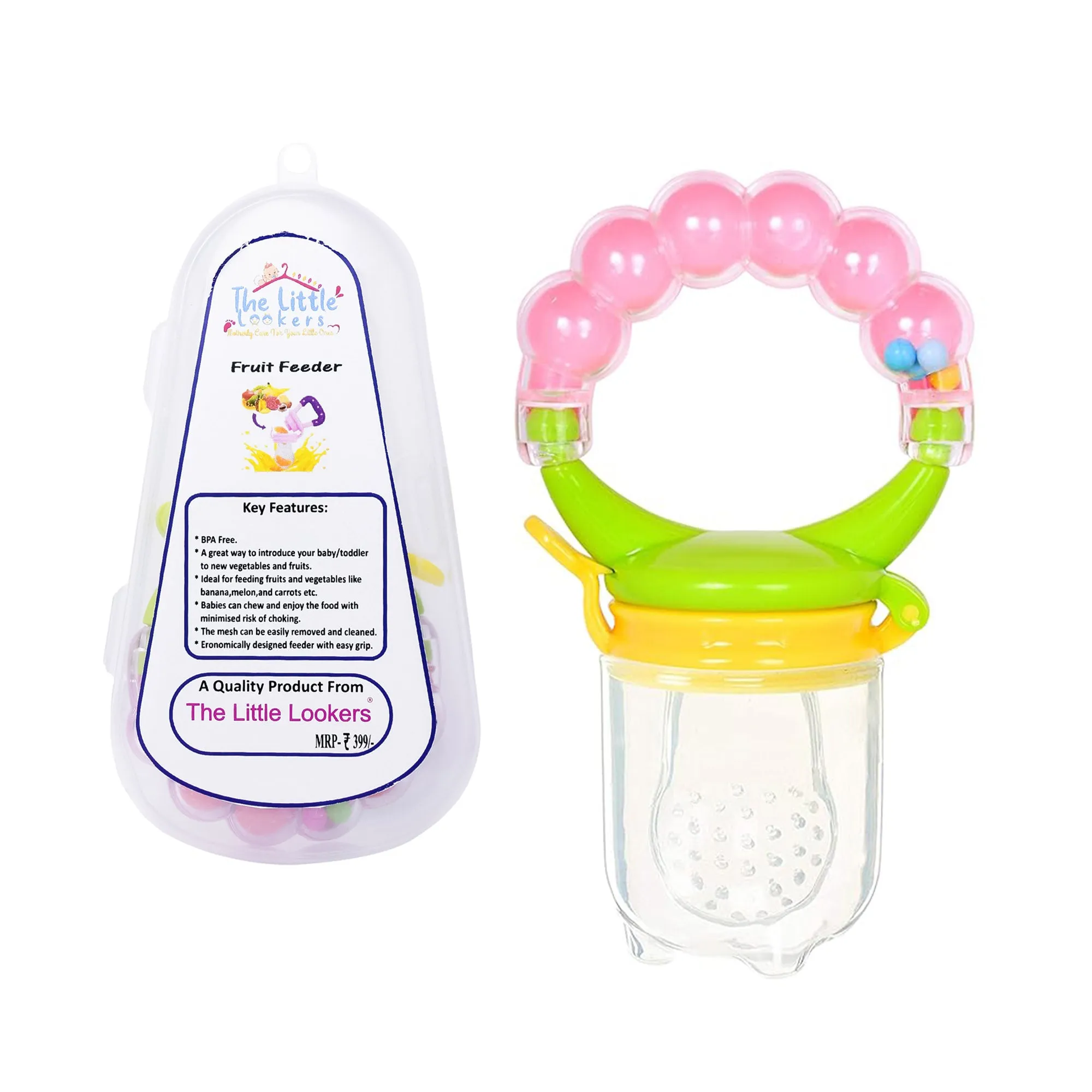 THE LITTLE LOOKERS BPA Free Food Grade Plastic Food Nibbler with Rattle Handle | Fruit/Food Feeder/Pacifier/Nibbler with Silicone Mesh/Soother for Babies/Kids/Toddlers (Pack of 1)