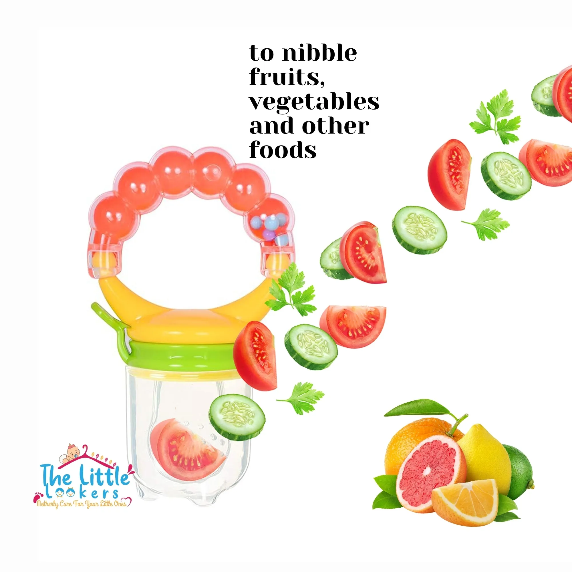 THE LITTLE LOOKERS BPA Free Food Grade Plastic Food Nibbler with Rattle Handle | Fruit/Food Feeder/Pacifier/Nibbler with Silicone Mesh/Soother for Babies/Kids/Toddlers (Pack of 1)